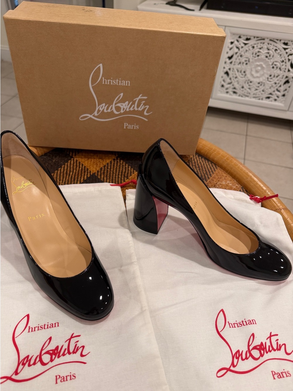 Christian Louboutin Black Patent Block Heel Pumps with Red Sole Accent